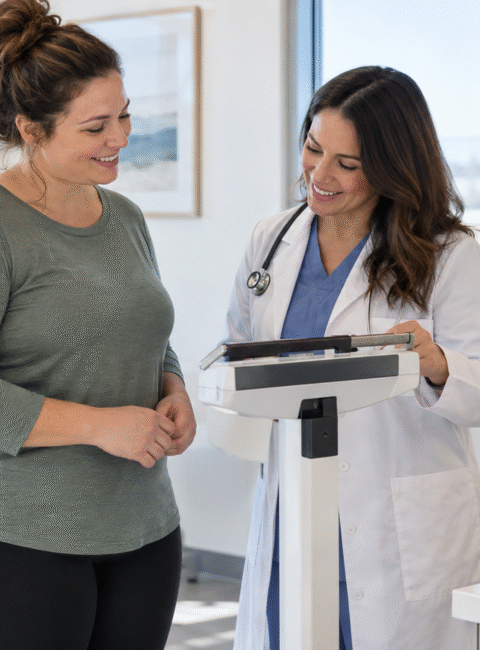 Healthcare provider discussing weight loss progress with a patient beside a medical scale during a follow-up visit.