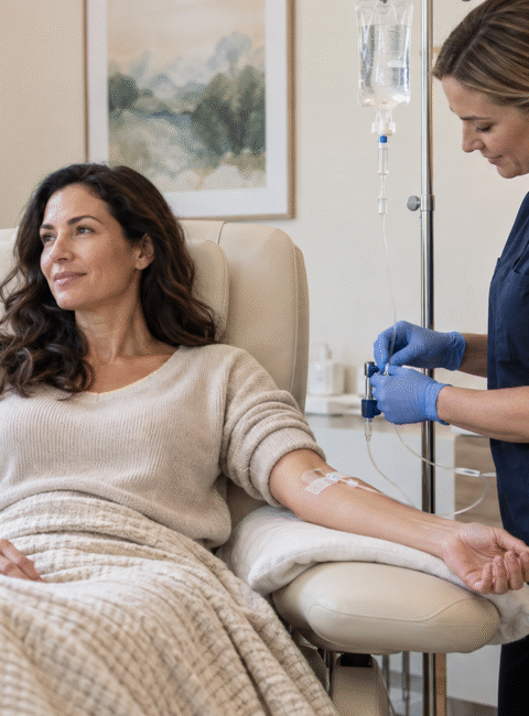 Woman receiving a medically supervised IV infusion at Dignity Med