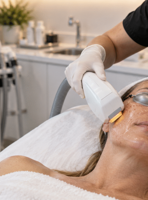 Woman receiving an IPL treatment for sun damage in a medical aesthetics clinic.