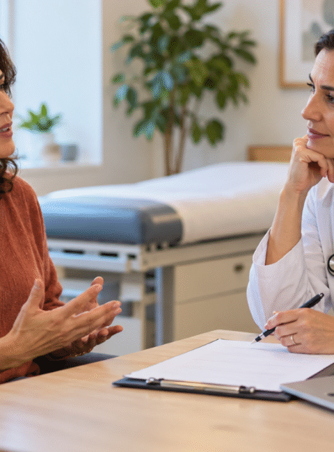 A woman discusses her symptoms with a clinician during a clinic visit.