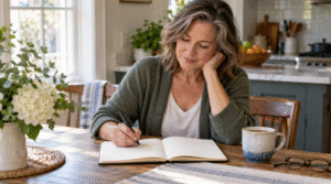 A woman writes in a journal at her kitchen table in morning light.