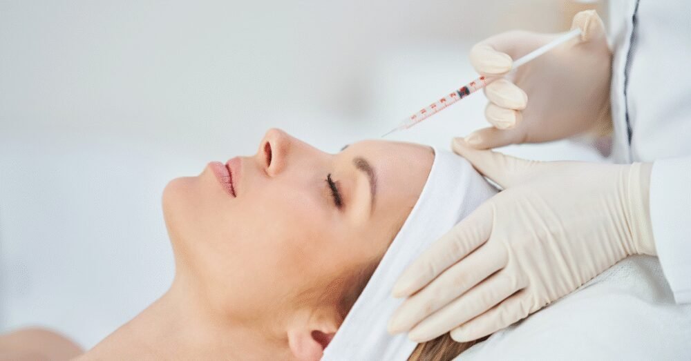 Close up photo of a woman lying down with her eyes closed while receiving Botox treatment between her brows