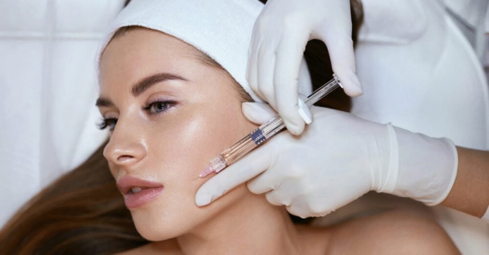 Close up of a woman receiving dermal fillers from a gloved provider